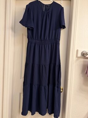 Short Flutter Sleeve Tiered Maxi Dress in Navy